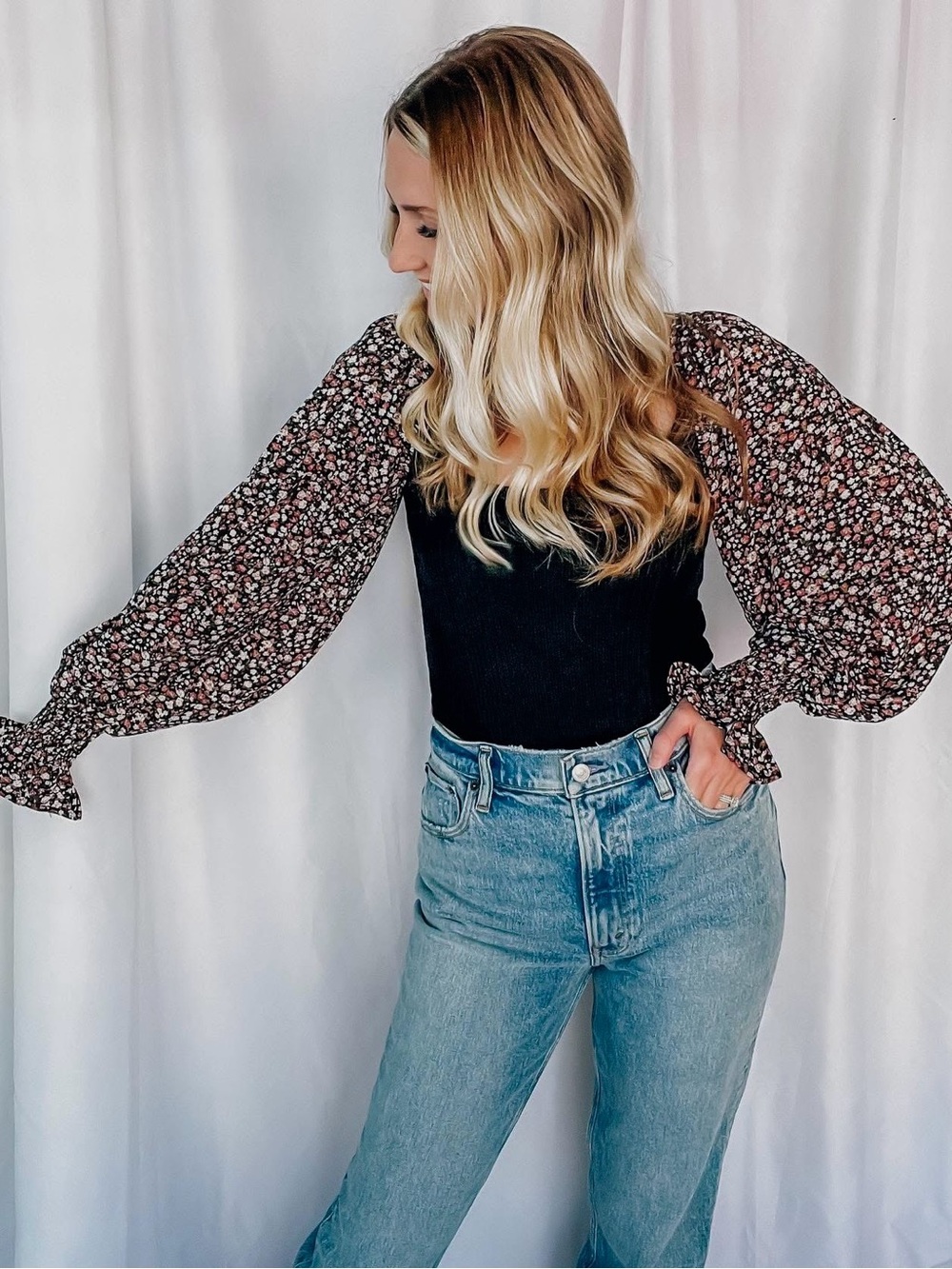 PROMESA Solstice Blooms Floral Balloonsleeve Square Neck Bodysuit
